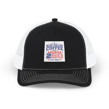 Blue Collar Coffee Snapback Trucker Cap — American Flag Patch, Patriotic Workwear Hat