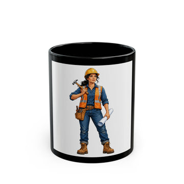 Construction Worker Coffee Mug — Female Builder Illustration Black Ceramic Mug (11oz, 15oz)