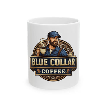 Blue Collar Coffee Ceramic Mug — Rustic Worker Logo Coffee Cup (11oz & 15oz)