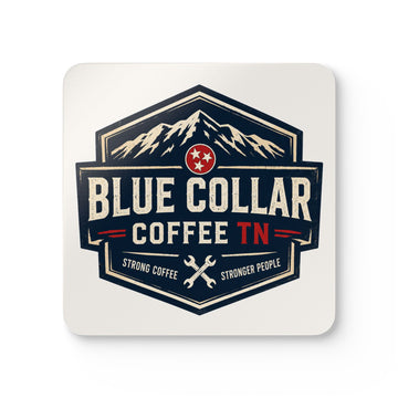 Blue Collar Coffee TN Corkwood Coaster Set — Rustic Tennessee Coffee Coasters (Strong Coffee, Stronger People)