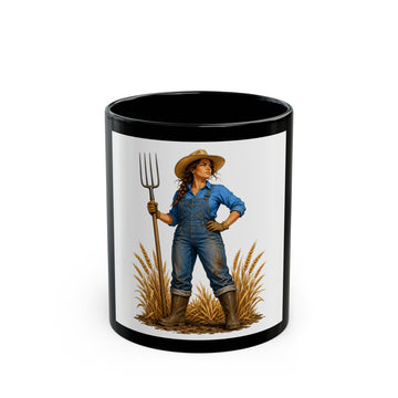 Farmer Woman Pitchfork Mug — Rustic Country Coffee Cup for Farmers & Gardening Lovers (Black 11oz/15oz)