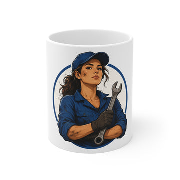 Mechanic Woman Mug — 11oz Feminine Wrench Worker Coffee Cup, Proud Female Technician Gift